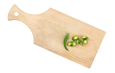 top view of green chili slices on a cutting board with transparent background