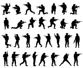 Bit collection of 28 soldier silhouettes (male and female) isolated on transparent backdrop. Diverse combat poses: kneeling, standing, running, aiming rifles. Military, war, special forces. Vector set