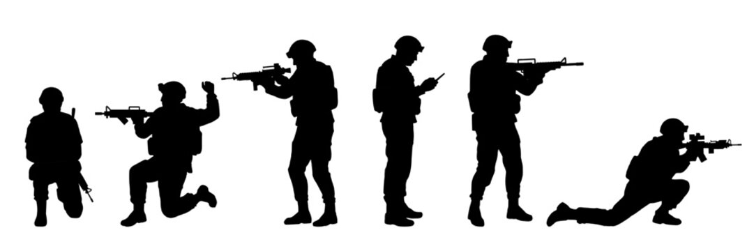 Vector silhouettes of armed soldiers in varied combat positions including kneeling, standing, walking, and aiming rifles, representing battlefield readiness and modern military posture. Warfare