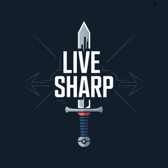 Modern stylized illustration of a sword with the words live sharp in bold white lettering against a dark blue background with abstract geometric elements