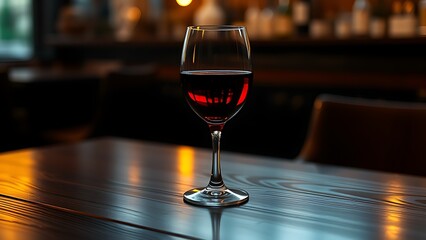 Glass of red wine elegantly placed on a dark wooden table, reflecting warm ambient light.