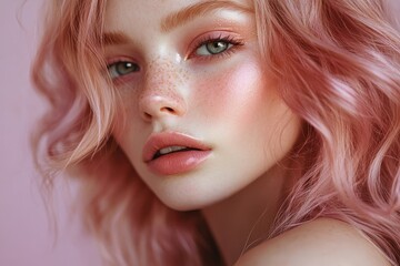 Naklejka premium Close-up portrait of a woman with pink hair and delicate makeup.