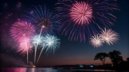Colorful Fireworks Display Over Water at Dusk with Starry Sky