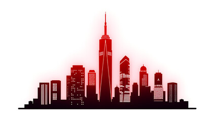 Obraz premium Neon-lit city skyline silhouette at dusk. Futuristic skyscraper cyberpunk cityscape vector illustration.