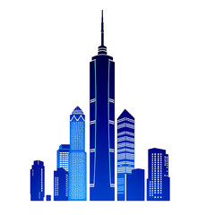 Fototapeta premium Silhouette of neon-lit cyberpunk cityscape at dusk. Blue skyline vector illustration.