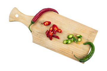 cutting board with slice chili pepper isolated on white