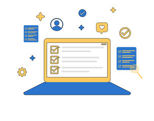 Blue and yellow checklist items marked showing on the laptop screen with floating icons around it, transparent backdrop