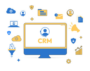 Customer relationship management with a representative on the computer screen, modern design. Cloud, comuting, illustration.