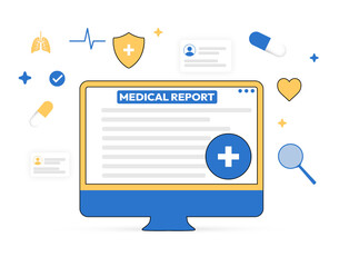 Online medical report showing on the computer screen with blue and yellow shapes around it, health and medicine concept