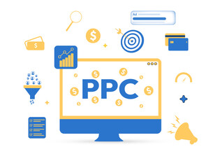 Pay per click on the computer screen with modern floating shapes around it, backdrop. Ppc ads, advertising, market, business growth, strategy
