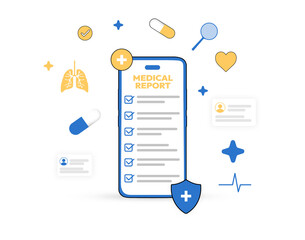 Medical checklist and health concept design on the smartphone with floating shapes, transparent. Medical report.