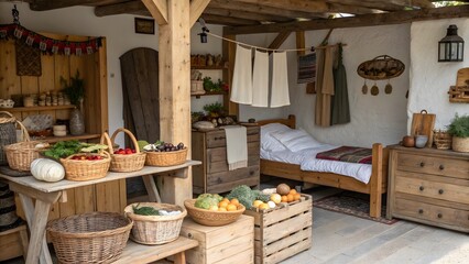 Rustic Kitchen Interior with Fresh Produce and Cozy Atmosphere
