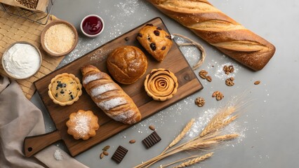 Freshly Baked Assortment of Pastries and Bread on Wooden Board