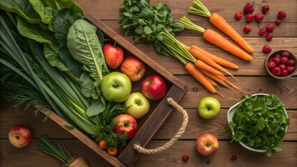 Fresh Organic Vegetables and Fruits Arrangement on Wooden Table