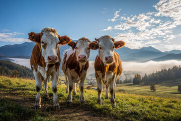 Trio Of Brown And White Cows In Misty Alpine Pasture At Sunrise. Mountain Cows