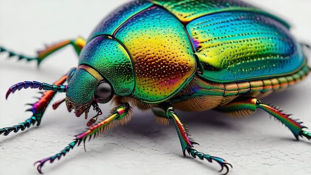 A close up view of a rainbow colored beetle with intricate details on a white surface showing legs