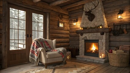 Cozy Rustic Living Room with Fireplace and Warm Decor Elements