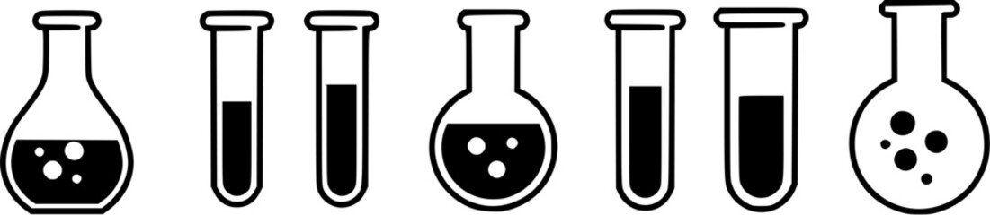 Black and white line art of laboratory glassware, chemistry icon set