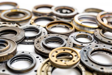 Set of several different metal and paronite engine gaskets, isolated on a white background