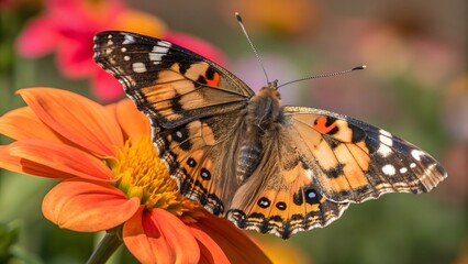 Colorful Butterfly Perched on Bright Orange Flower Petals in Garden