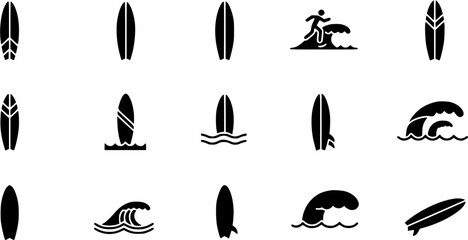 Surfboard icons and surfing scene in black silhouette, vector set