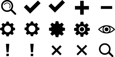 Set of simple black icons for interface or website design isolated on white background.