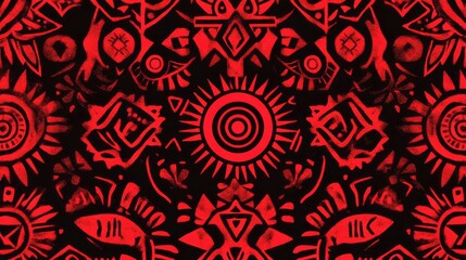The stock photo showcases a vibrant, seamless pattern of abstract tribal symbols.
