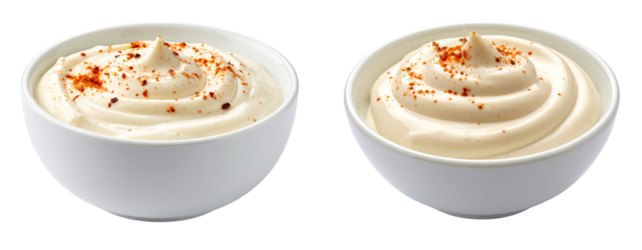  White Ceramic Bowl Filled with Spicy Chipotle Aioli Sauce, Isolated on White Background