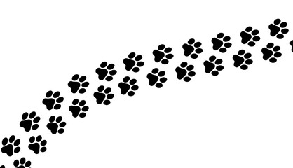 Seamless pattern of black dog paw prints walking diagonally across a transparent background isolated on transparent background