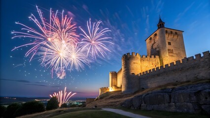 Spectacular Fireworks Display Over Historic Castle at Dusk