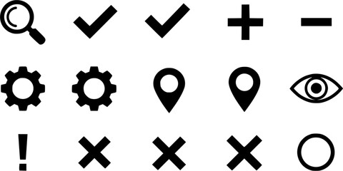 Set of basic icons: search, check, plus, minus, gear, location, eye, etc. Black and white flat design.