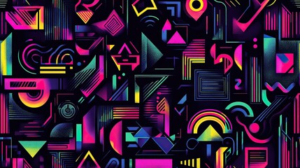 The stock photo shows a seamless pattern of vibrant, neon-colored geometric shapes.