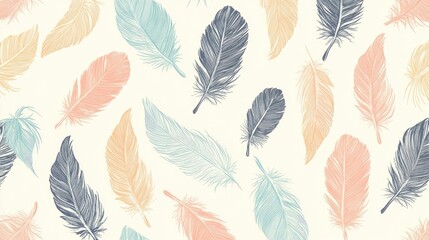 Obraz premium The stock photo shows a seamless pattern of soft pastel hand-drawn feathers.