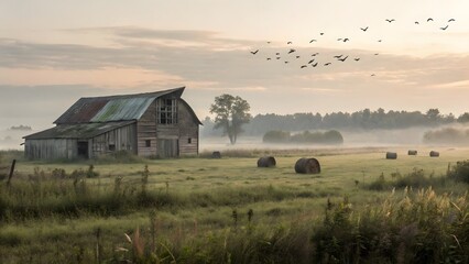 Serene Barn Landscape at Dawn with Fog and Flying Birds
