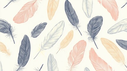 Obraz premium The stock photo shows a seamless pattern of soft pastel hand-drawn feathers.