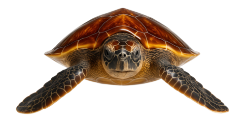 Hawksbill sea turtle with a tapered beak and overlapping scales on its shell in amber hues