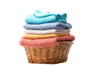 Stacked colorful towels in woven basket laundry clean, Isolated, Transparent Png