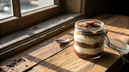 Delicious Layered Dessert in Glass Jar with Fresh Strawberry Topping