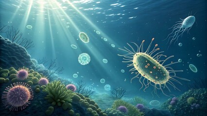Vibrant Underwater Microorganisms in a Lively Ocean Environment
