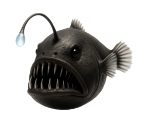 Anglerfish with bioluminescent lure and fang-like teeth protruding from its large mouth