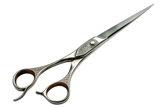 Silver barber scissors for professional hairdresser haircut salon shear steel hairdressing on transparent background