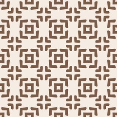 Geometric brown tile pattern on cream background. Rustic symmetrical pattern cross and square motifs in warm brown earth tones background. Tribal Grid seamless Pattern
handwoven textiles.