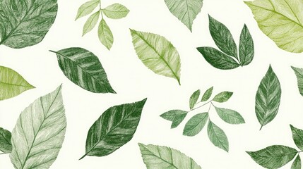 Fototapeta premium The stock photo shows a seamless, hand-drawn pattern of soft green leaves.