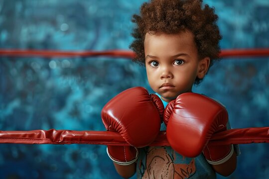 Portrait of a determined young boxer wearing boxing gloves and leaning on the ropes of a boxing ring, showing strength and resilience