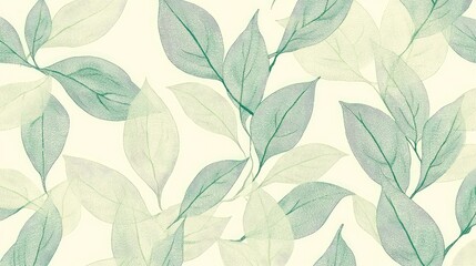 Fototapeta premium A seamless pattern of hand-drawn leaves in soft green tones is displayed.