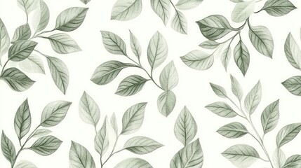 Fototapeta premium A seamless pattern of soft green, hand-drawn leaves fills the image.