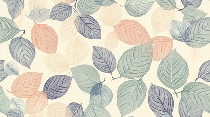 The stock photo shows a seamless, soft-pastel pattern of hand-drawn leaves.