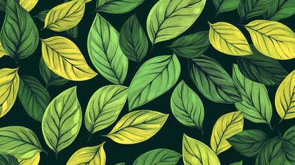The stock photo shows a seamless, vibrant green pattern of hand-drawn leaves.