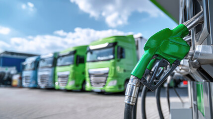 Green fuel nozzle at gas station with trucks in background, representing transportation energy, diesel refueling and logistics infrastructure. Selective focus.