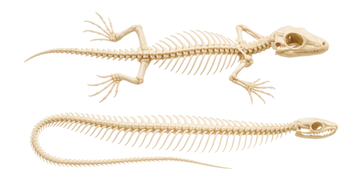Comparative skeletons of a lizard and a snake highlighting limb reduction